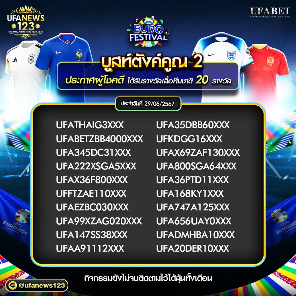 ประกาศผลกิจกรรม แจกเสื้อทีมชาติ 20 รางวัล 29 มิถุนายน 2567