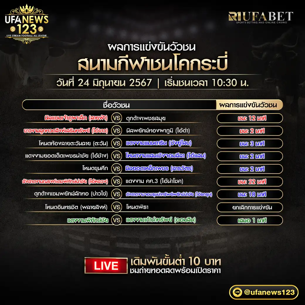 ผลวัวชน สนามชนโคกระบี่ 24 มิถุนายน 2567