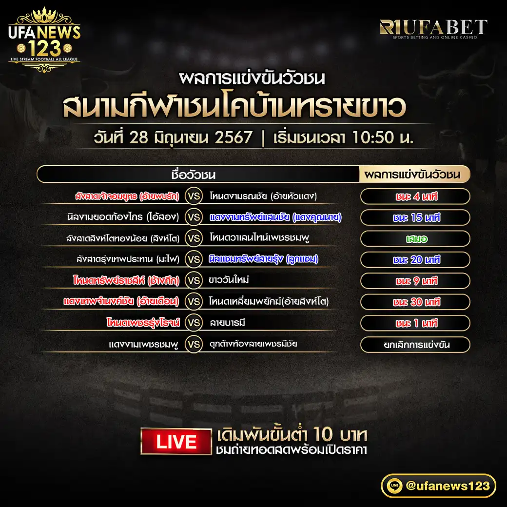 ผลวัวชน สนามชนโคบ้านทรายขาว 28 มิถุนายน 2567