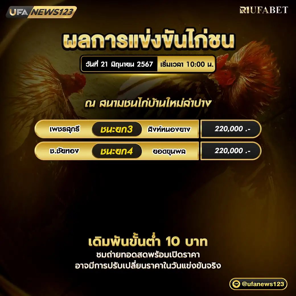 ผลไก่ชน สนามชนไก่บ้านใหม่ลำปาง 21 มิถุนายน 2567