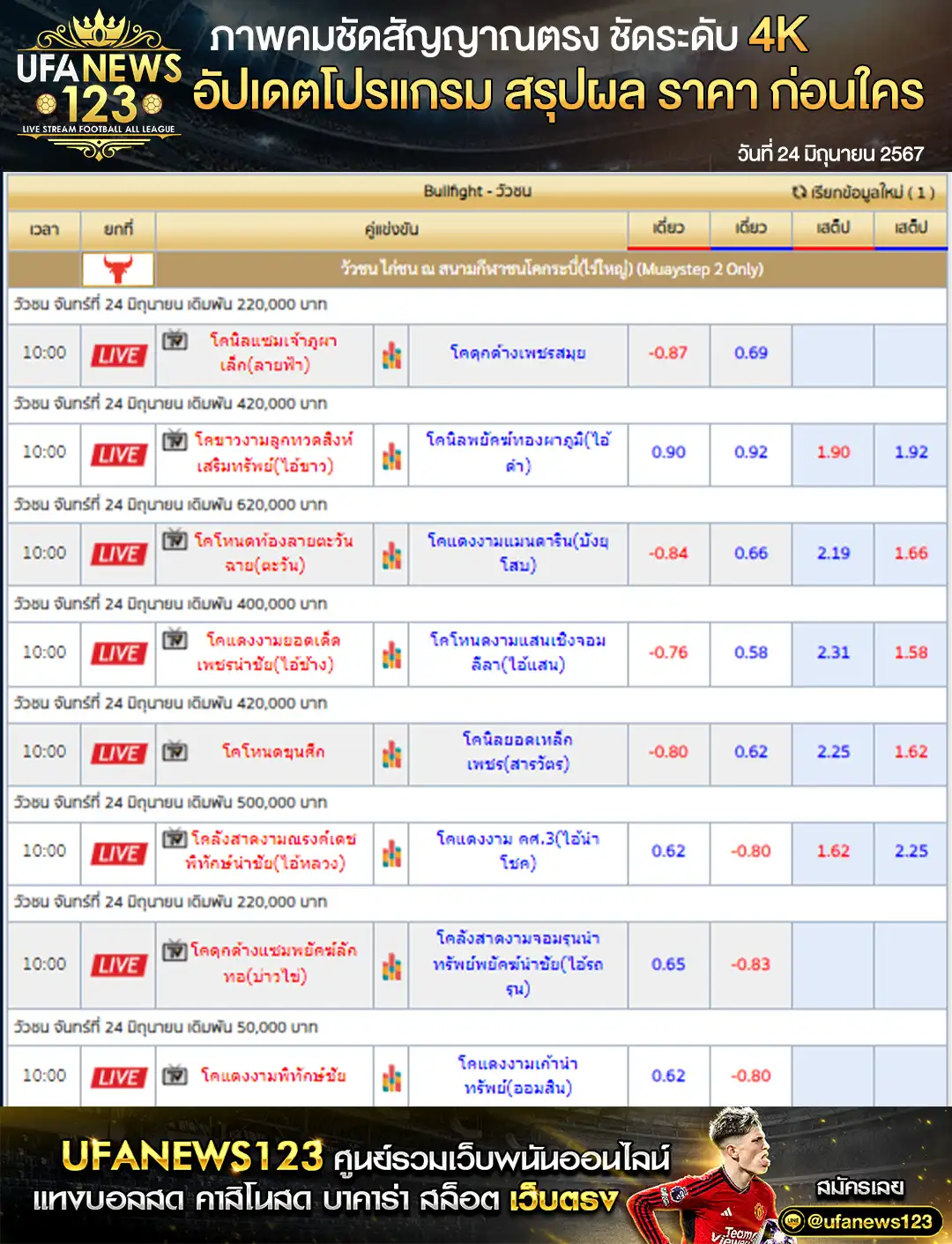 ราคาวัวชน สนามกีฬาชนโคกระบี่ 24 มิถุนายน 2567