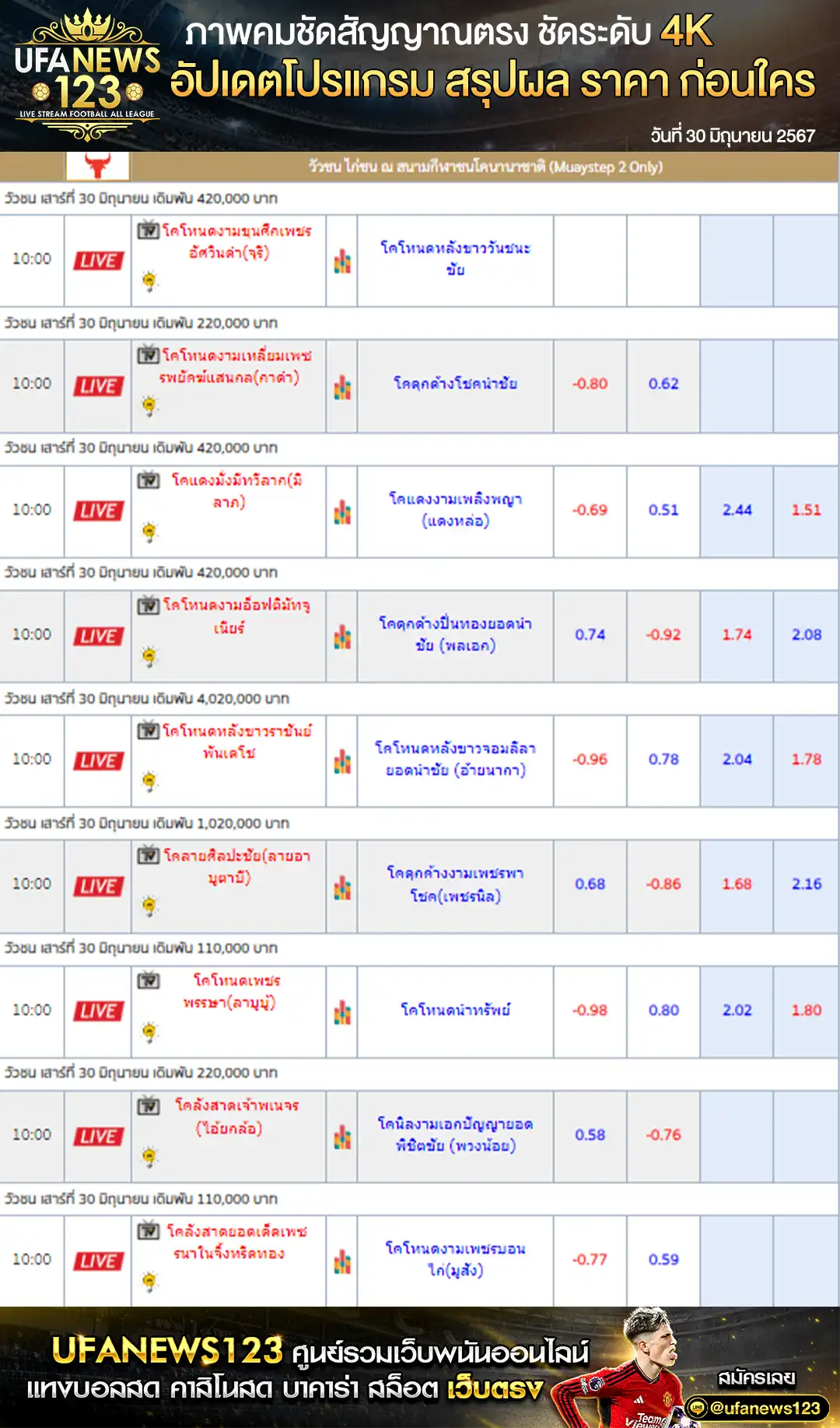 ราคาวัวชน สนามชนโคนานาชาติ 30 มิถุนายน 2567