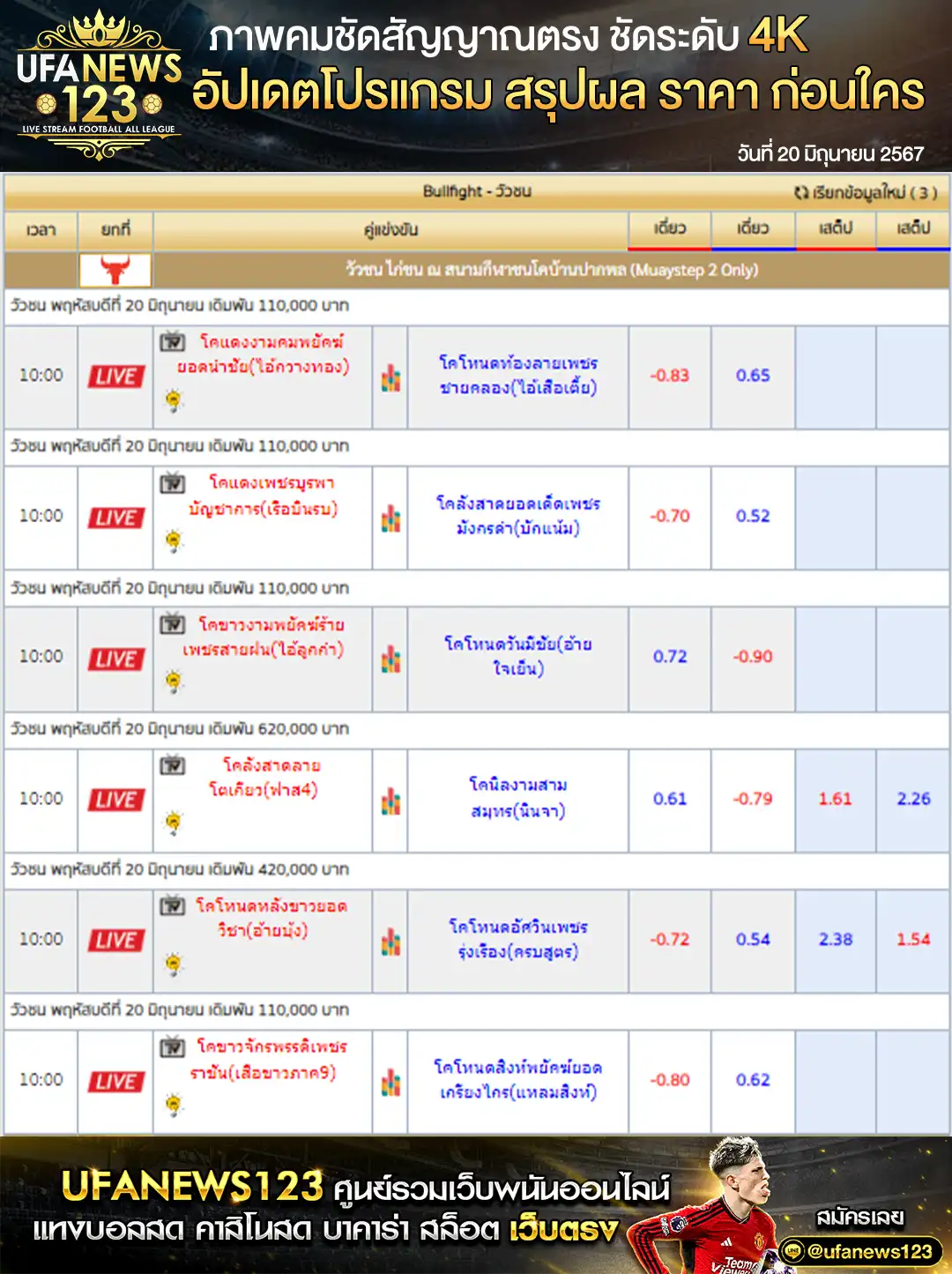 ราคาวัวชนวันนี้ สนามชนโคบ้านปากพล เริ่มชนเวลา 10.45 น. 20 มิถุนายน 2567