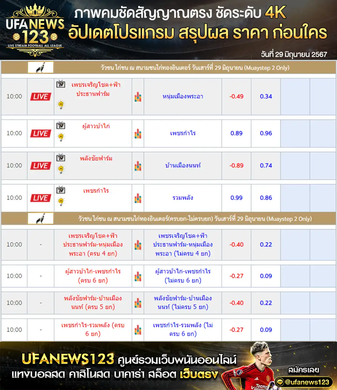 ราคาไก่ชน สนามชนไก่ทองอินเตอร์ 29 มิถุนายน 2567