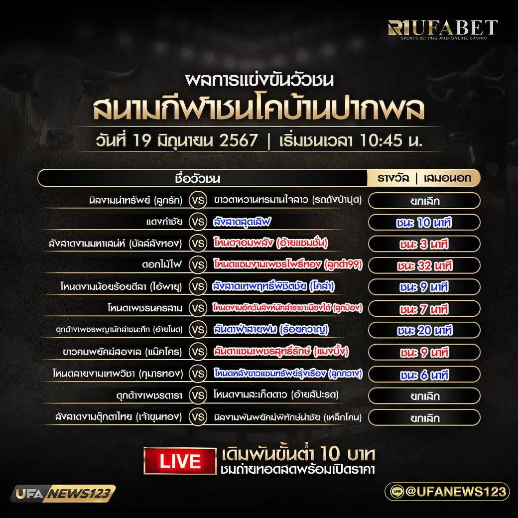 สรุปผลวัวชน สนามกีฬาชนโคบ้านปากพล 19 มิถุนายน 2567