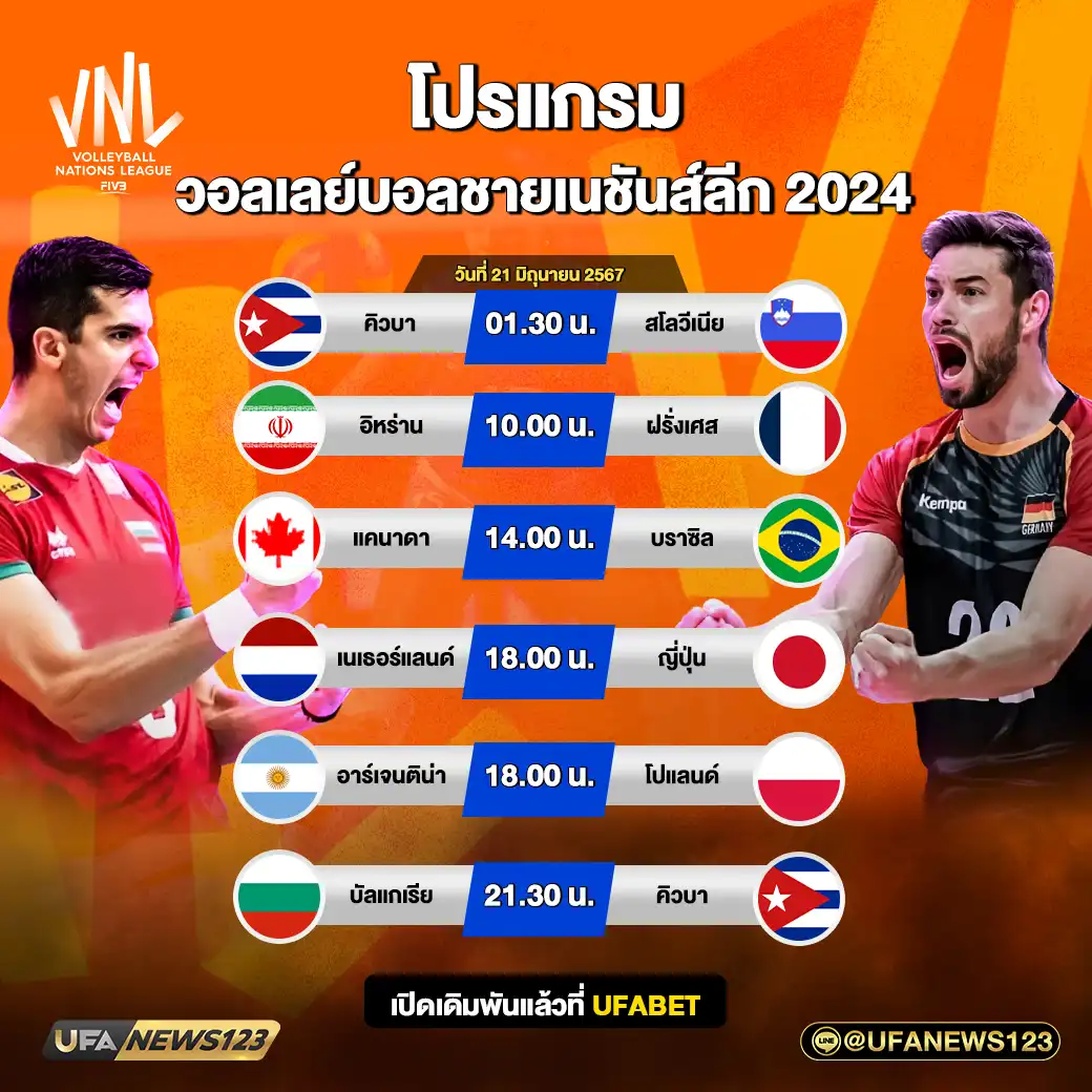 โปรแกรมวอลเลย์บอล วอลเลย์บอลชายเนชันส์ลีก เริ่ม 01.30 น. 21 มิถุนายน 2567