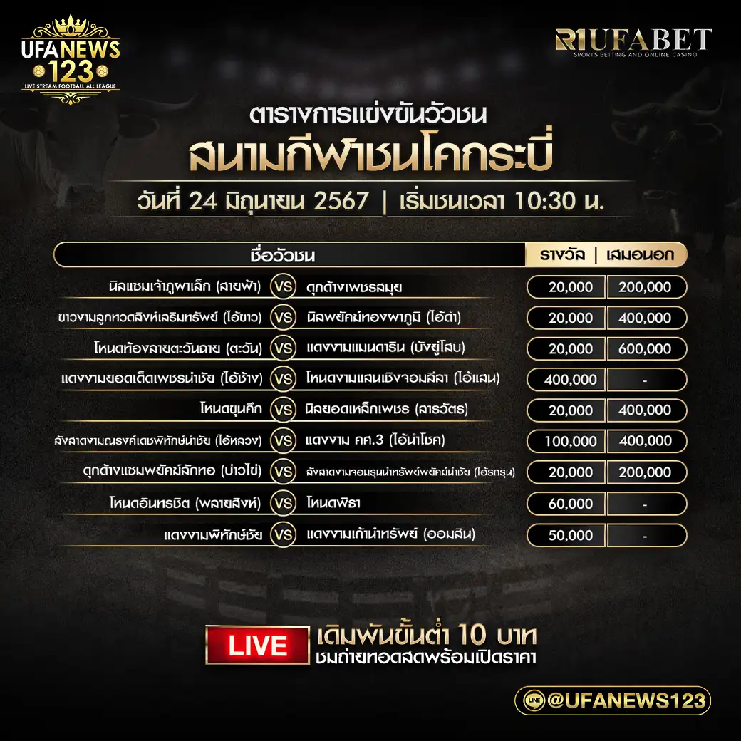 โปรแกรมวัวชน สนามกีฬาชนโคกระบี่ เริ่มชนเวลา 10:30 น. 24 มิถุนายน 2567