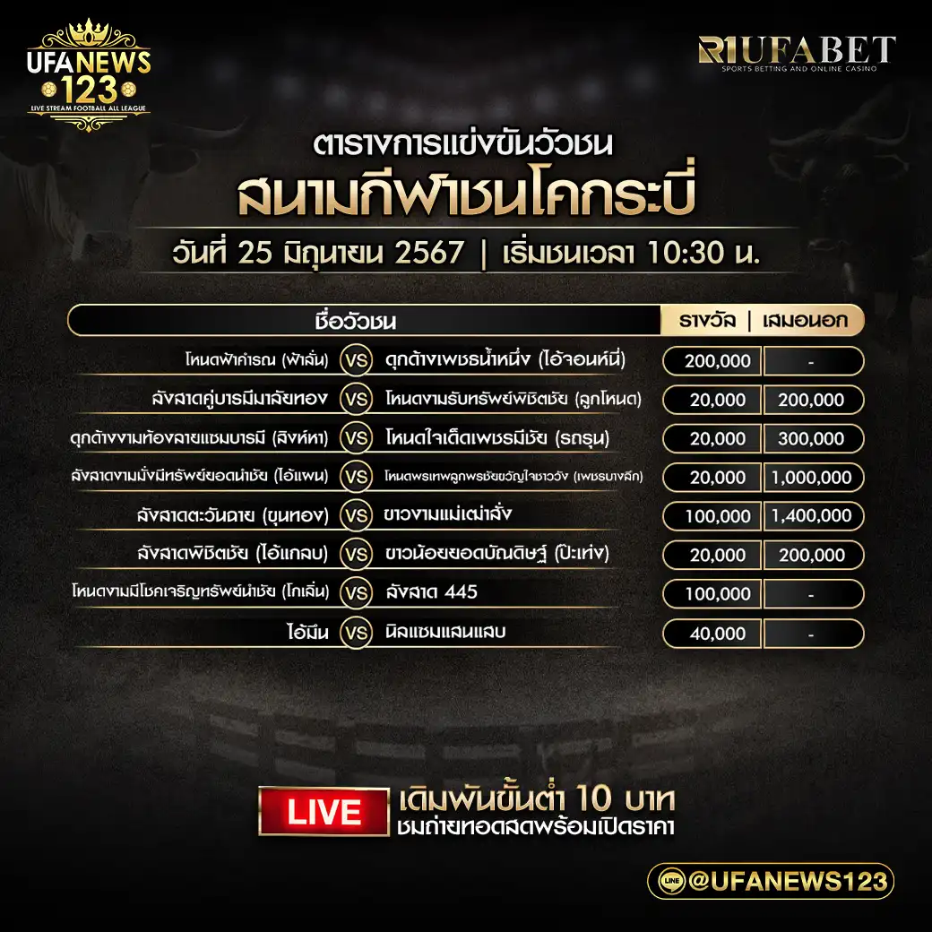 โปรแกรมวัวชน สนามกีฬาชนโคกระบี่ เริ่มชนเวลา 10:30 น. 25 มิถุนายน 2567