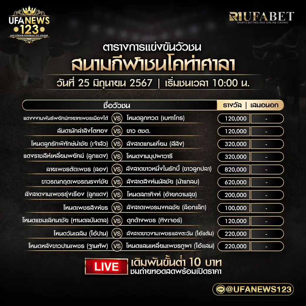 โปรแกรมวัวชน สนามกีฬาชนโคท่าศาลา เริ่มชนเวลา 10:00 น. 25 มิถุนายน 2567