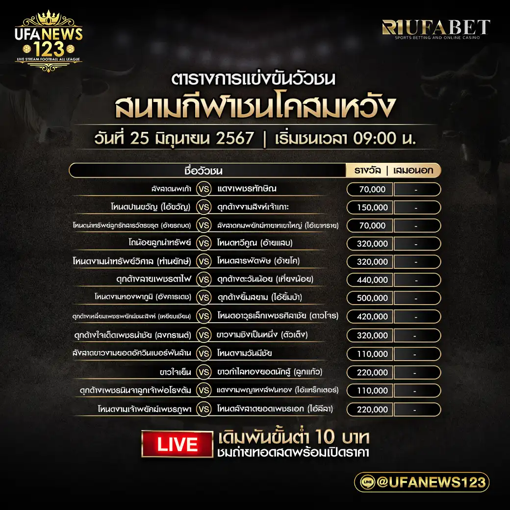 โปรแกรมวัวชน สนามกีฬาชนโคสมหวัง เริ่มชนเวลา 09:00 น. 25 มิถุนายน 2567