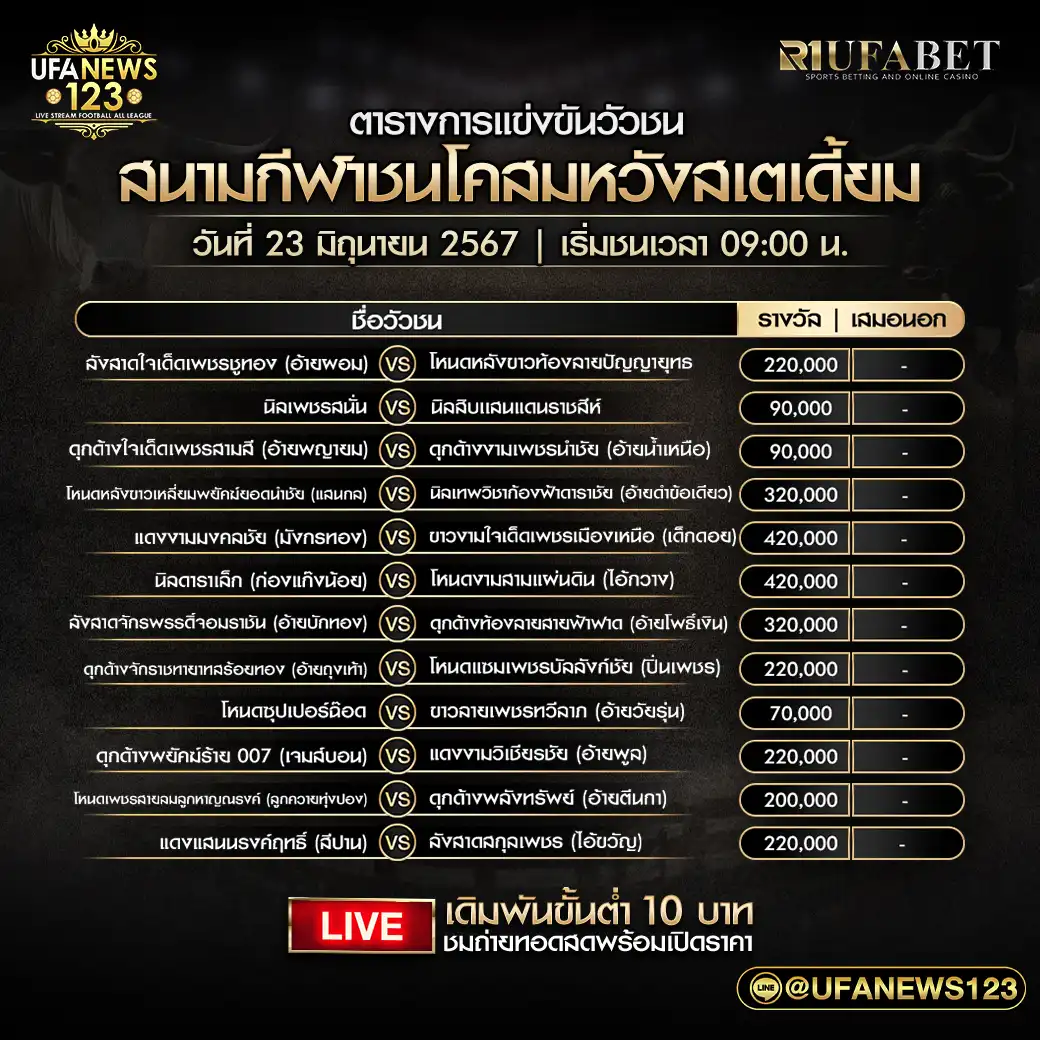 โปรแกรมวัวชน สนามกีฬาชนโคสมหวังสเตเดี้ยม เริ่มชนเวล 09:00 น. 23 มิถุนายน 2567