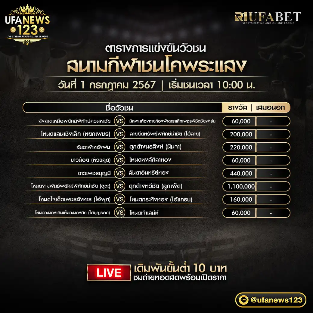 โปรแกรมวัวชน สนามชนโคพระแสงคอมเพล็กซ์ เริ่มชนเวลา 10.00 น. 01 กรกฎาคม 2567