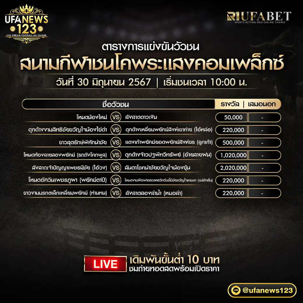 โปรแกรมวัวชน สนามชนโคพระแสงคอมเพล็กซ์ เริ่มชนเวลา 10.00 น. 30 มิถุนายน 2567