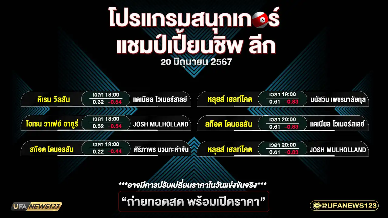 โปรแกรมสนุกเกอร์ แชมป์เปี้ยนชิพ ลีก เวลา 18:00 น. 20 มิถุนายน 2567