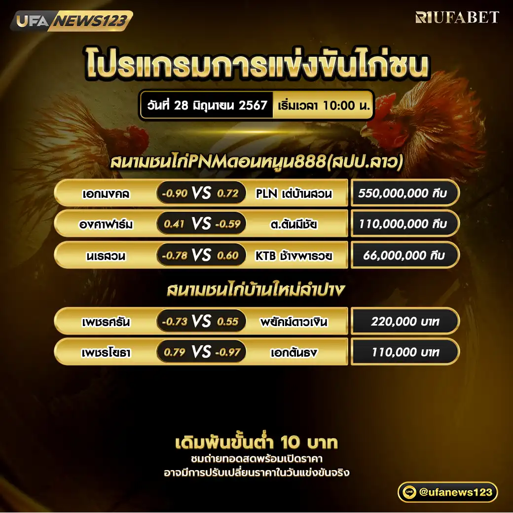 โปรแกรมไก่ชน สนามชนไก่PNMดอนหนูน(สปป.ลาว) สนามชนไก่บ้านใหม่ลำปาง เริ่มเวลา 10:00 น. 28 มิถุนายน 2567