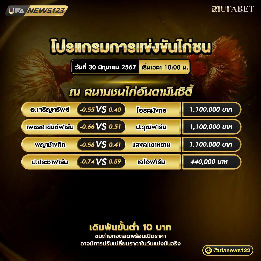 โปรแกรมไก่ชน สนามชนไก่อันดามันซิตี้ เริ่มเวลา 10:00 น. 30 มิถุนายน 2567