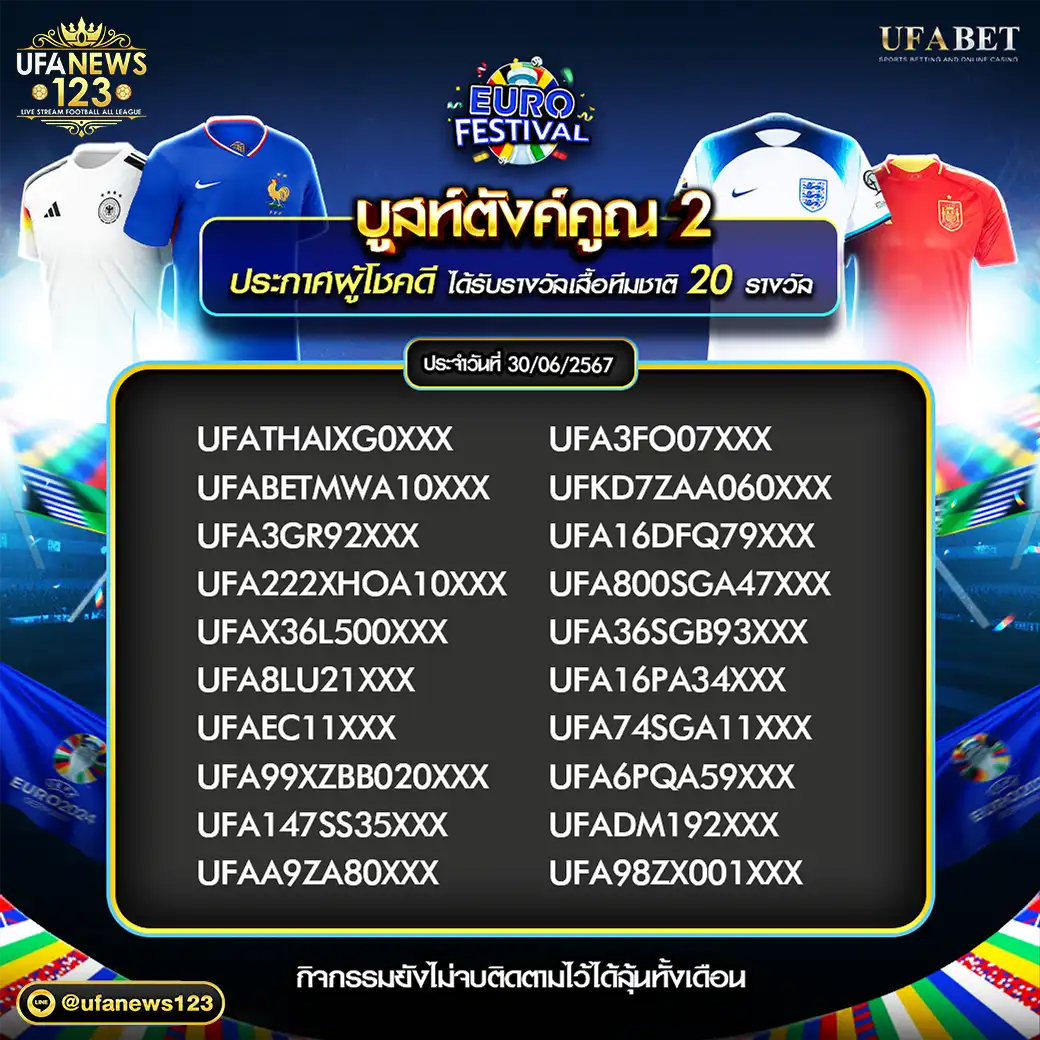 ประกาศผลกิจกรรม แจกเสื้อทีมชาติ 20 รางวัล 30 มิถุนายน 2567