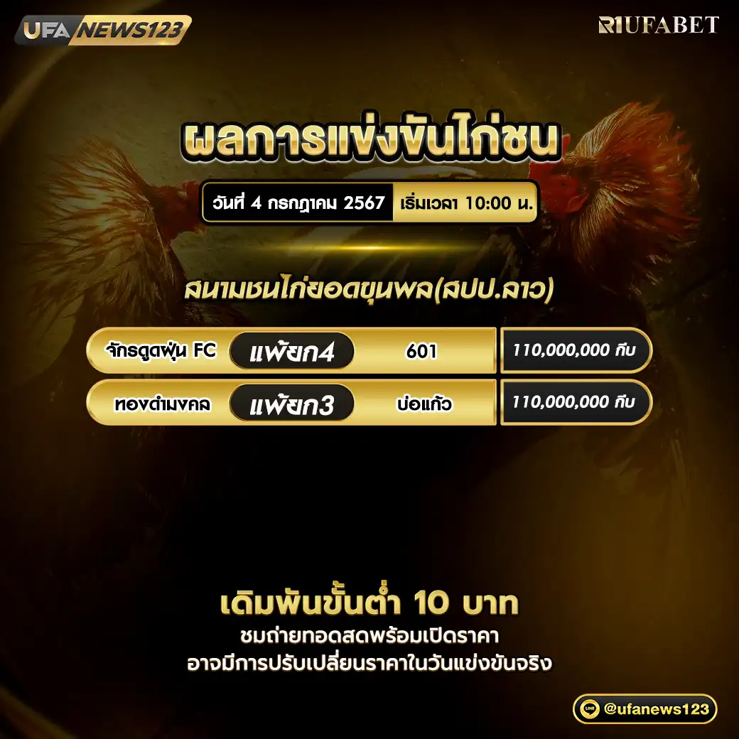 ผลไก่ชน สนามชนไก่ยอดขุนพล(สปป.ลาว) 04 กรกฎาคม 2567