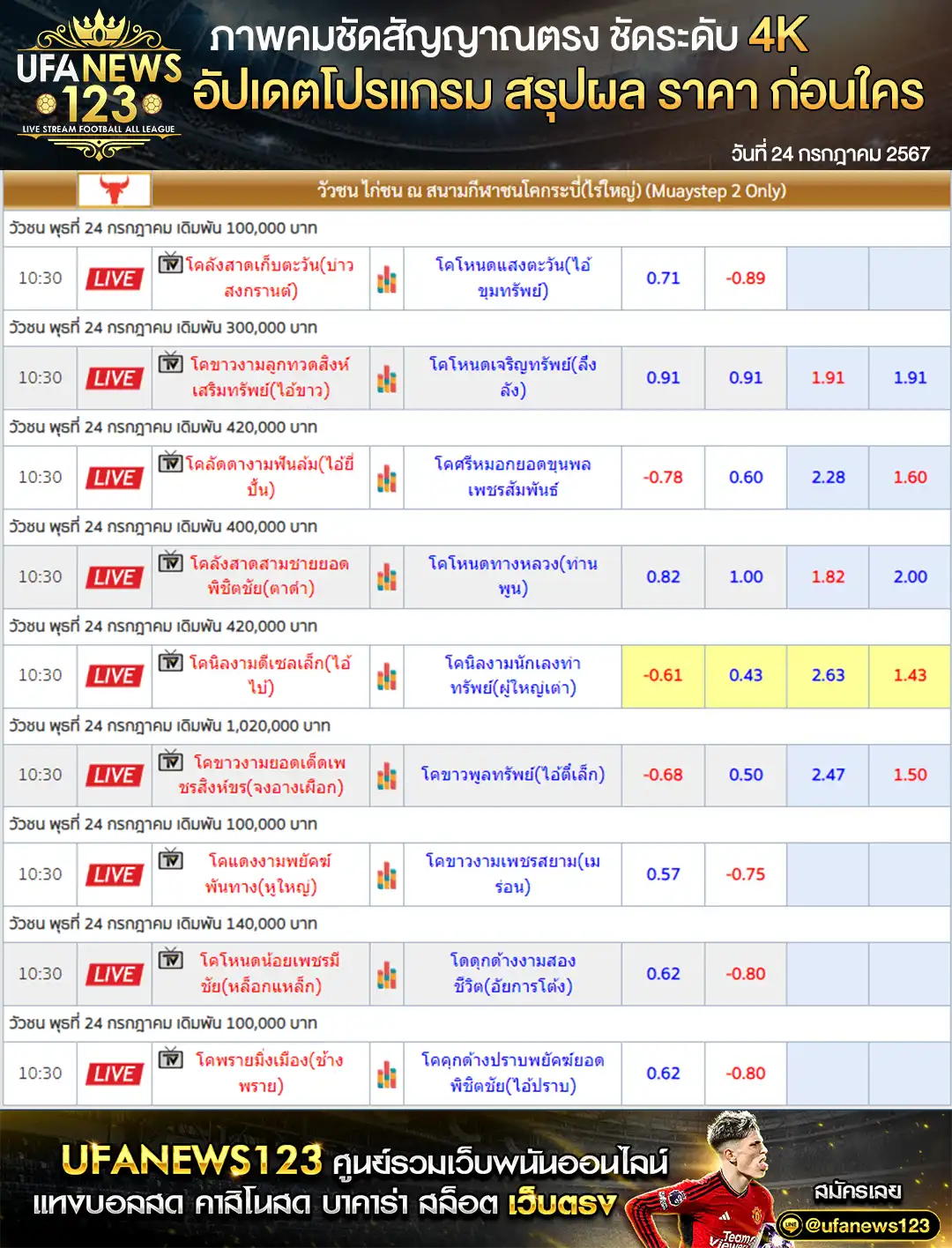 ราคาวัวชน สนามชนโคกระบี่ เริ่มชนเวลา 10:30 น. 24 กรกฎาคม 2567