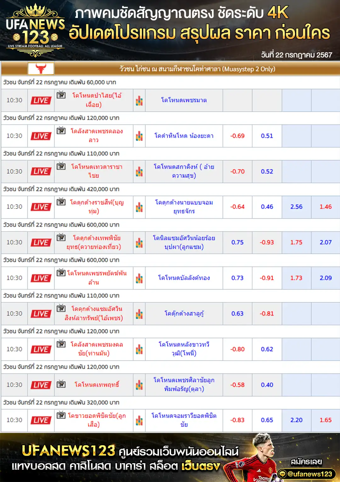 ราคาวัวชน สนามชนโคท่าศาลา เริ่มชนเวลา 10:45 น. 22 กรกฎาคม 2567