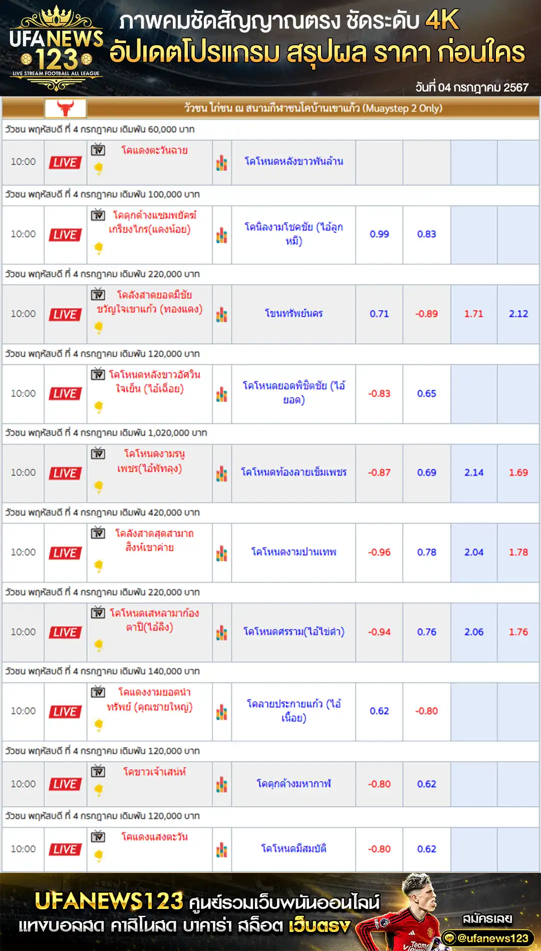 ราคาวัวชน สนามชนโคบ้านเขาแก้ว 04 กรกฎาคม 2567