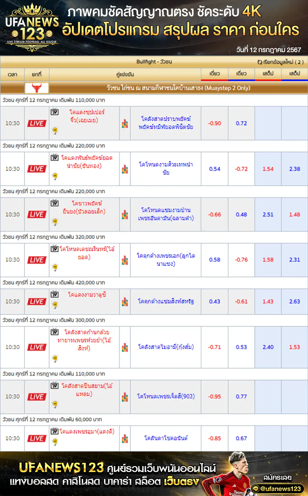 ราคาวัวชนวันนี้ สนามกีฬาชนโคบ้านเสาธงสเตเดี้ยม เริ่มชนเวลา 10:30 น. 12 กรกฎาคม 2567