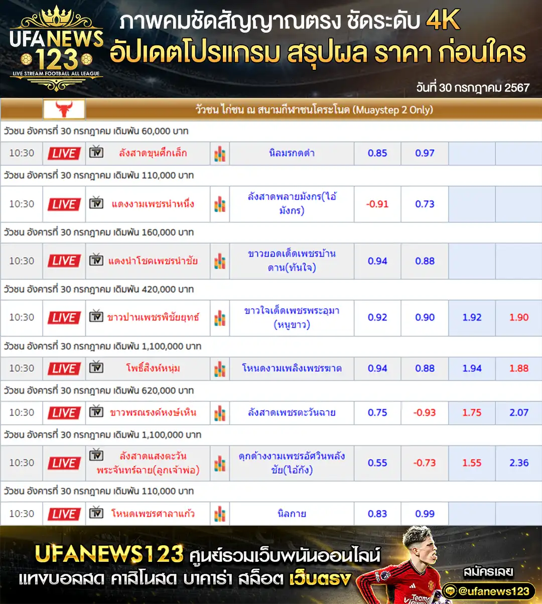 ราคาวัวชน สนามชนโคระโนด เริ่มชนเวลา 10.00 น. 30 กรกฎาคม 2567