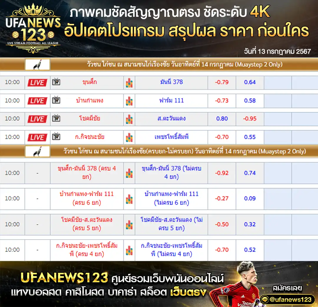 ราคาไก่ชน  สนามชนไก่เรืองชัย เริ่มเวลา 10.00 น. 14 กรกฎาคม 2567