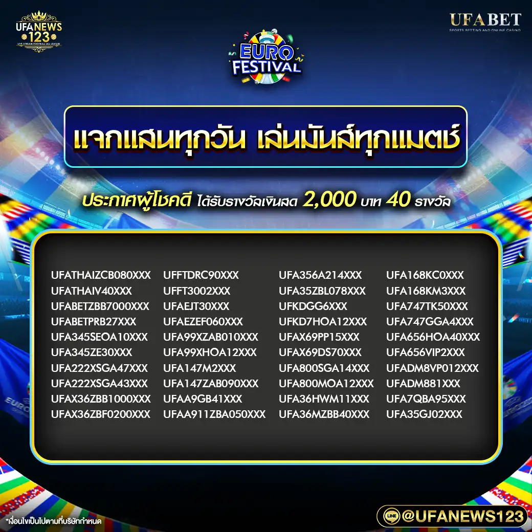 แจกแสนทุกวัน เล่นมันส์ทุกแมตช์ 2,000 บาท 40 รางวัล 14 กรกฎาคม 2567