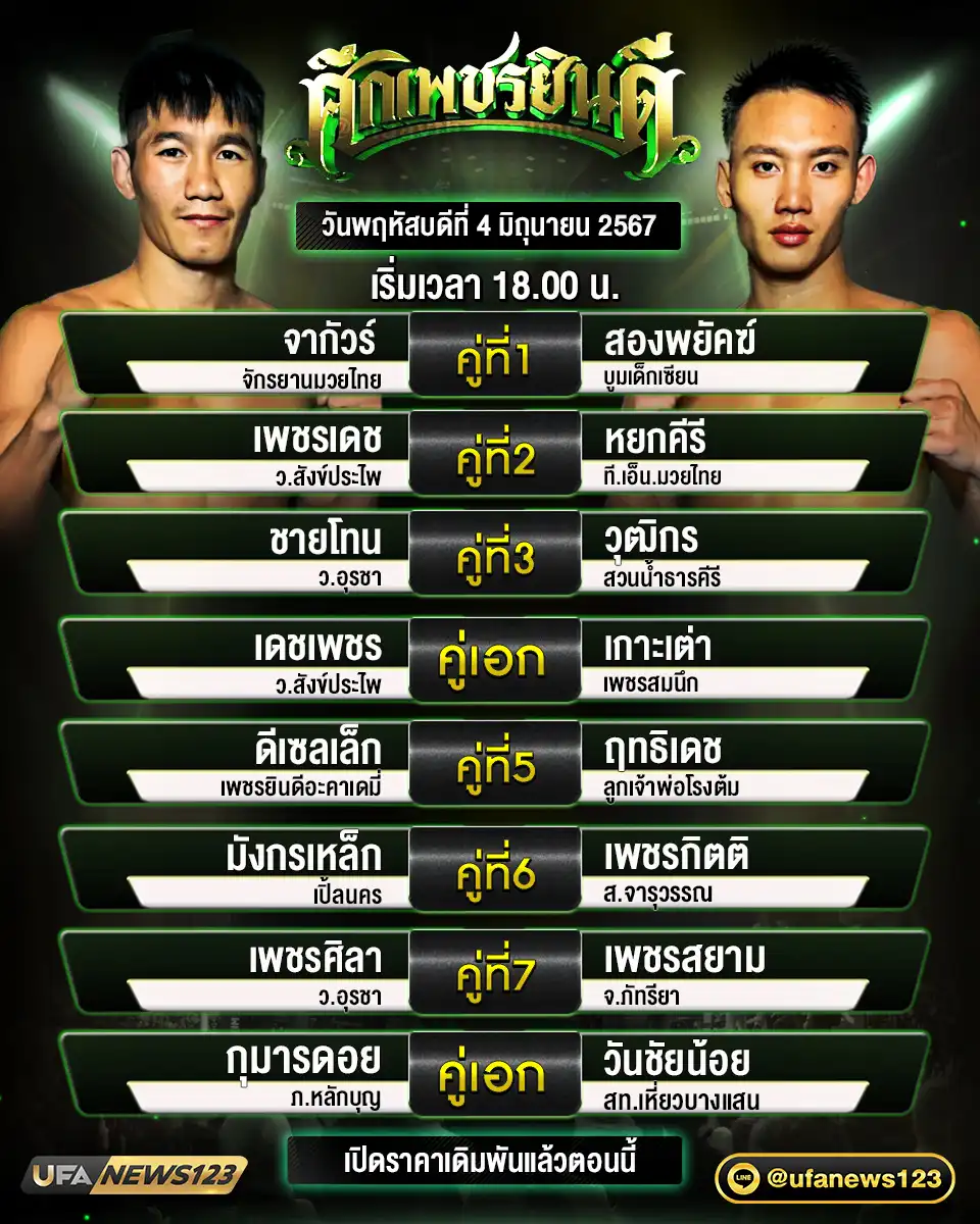 โปรแกรมมวย ศึกเพชรยินดี เริ่มเวลา 18.00 น. 04 กรกฎาคม 2567