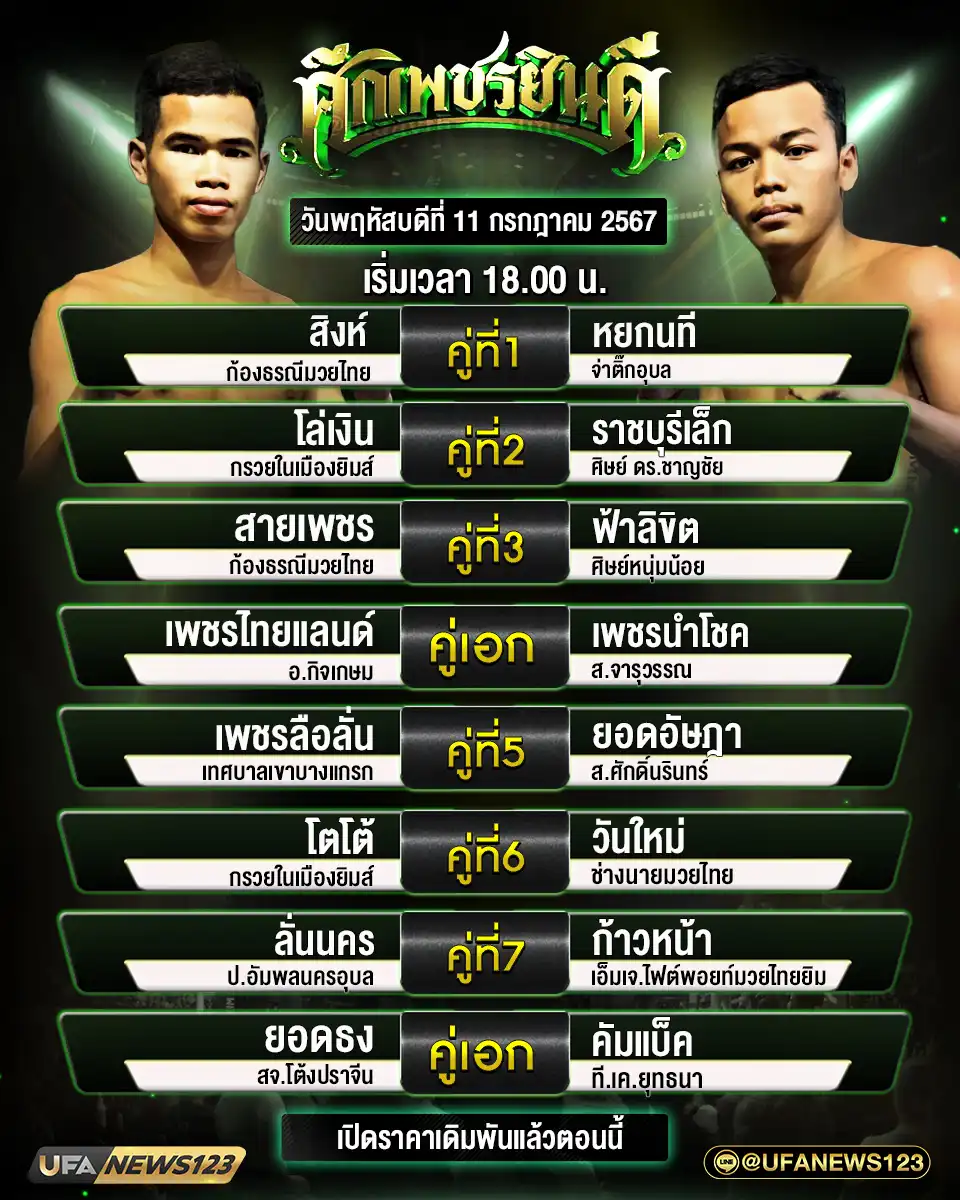 โปรแกรมมวย ศึกเพชรยินดี เริ่มเวลา 18.00 น. 11 กรกฎาคม 2567