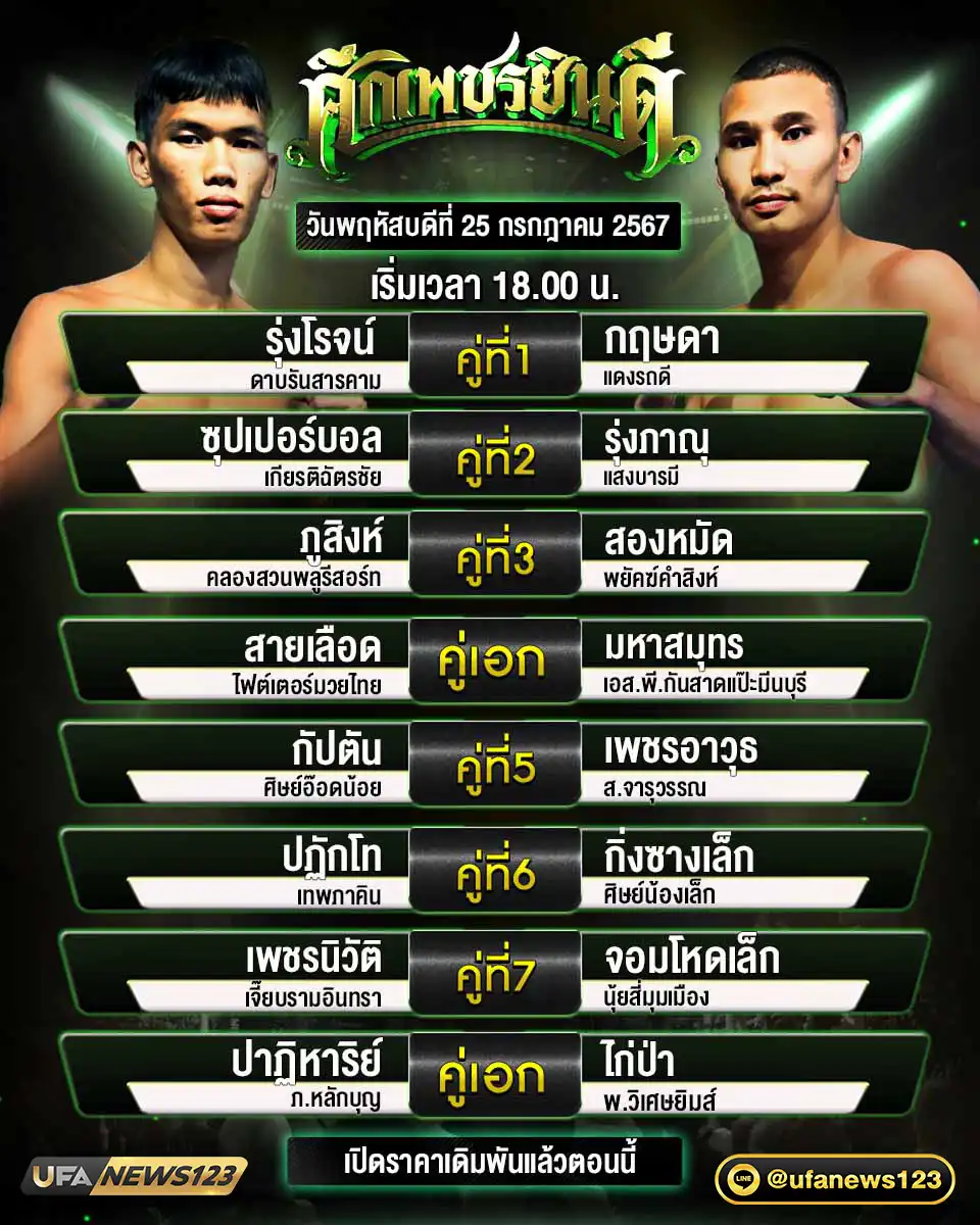 โปรแกรมมวย ศึกเพชรยินดี เริ่มเวลา 18:00 น. 25 กรกฎาคม 2567