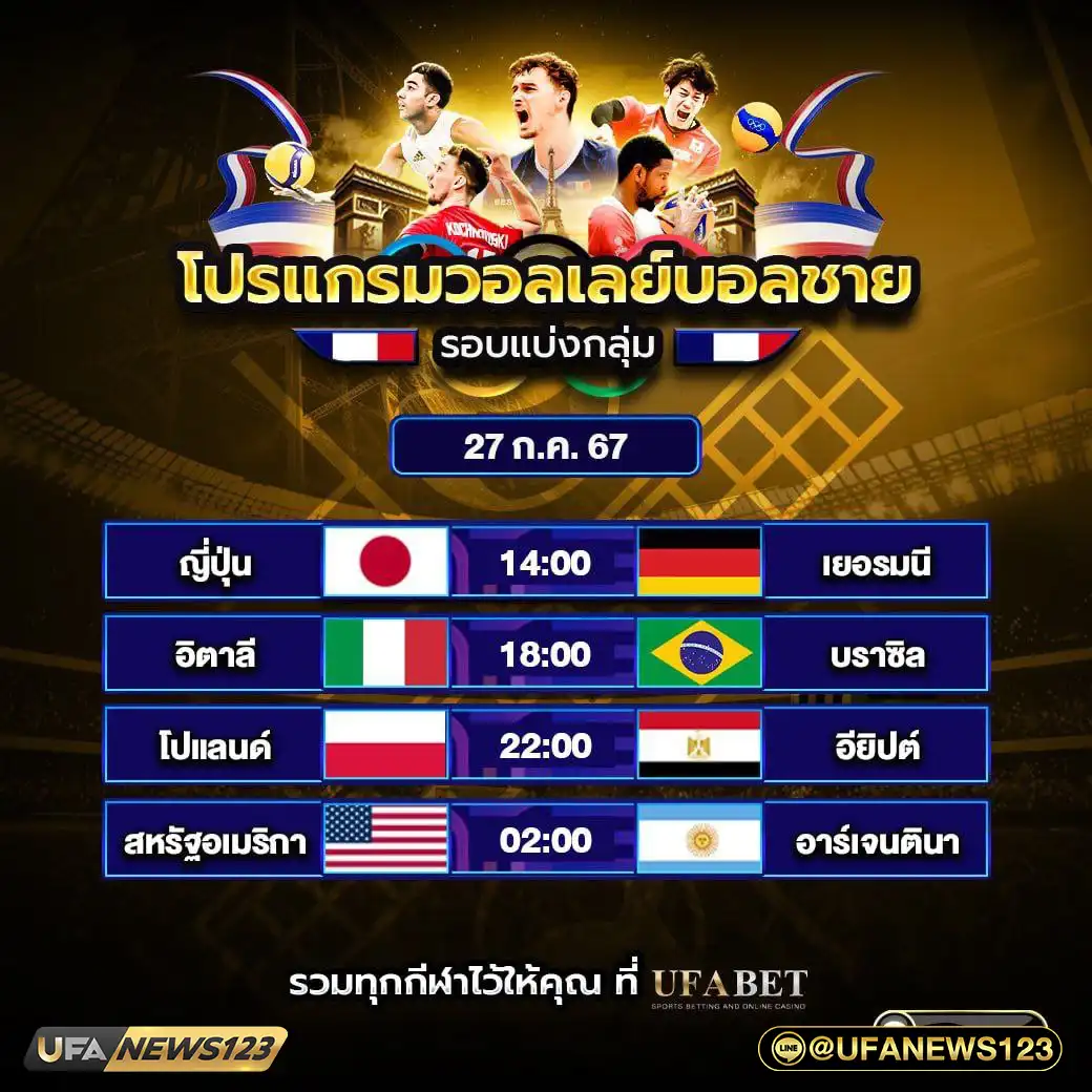 โปรแกรมวอลเลย์บอล วอลเลย์บอลชาย โอลิมปิก 2024 เริ่มเวลา 14.00 น. 27 กรกฎาคม 2567