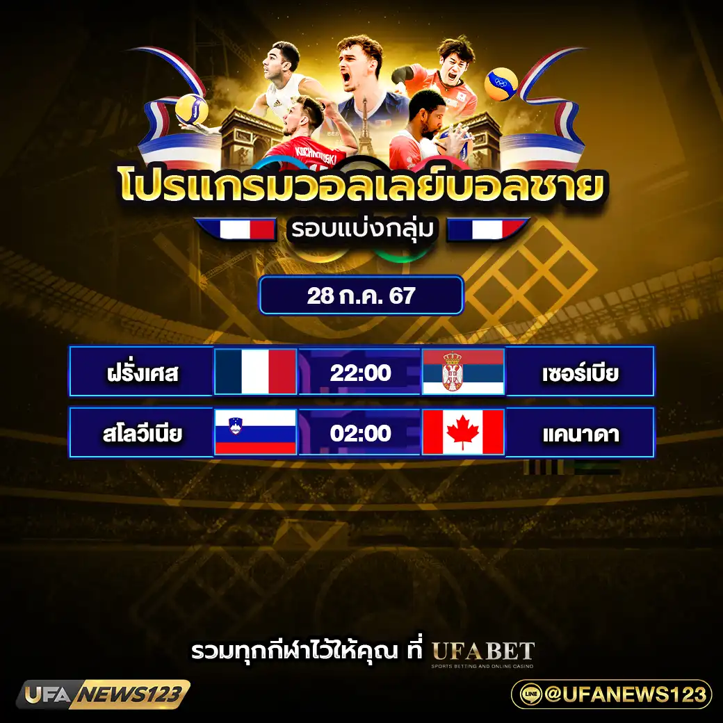 โปรแกรมวอลเลย์บอล วอลเลย์บอลชาย โอลิมปิก 2024 เริ่มเวลา 22.00 น. 28 กรกฎาคม 2567