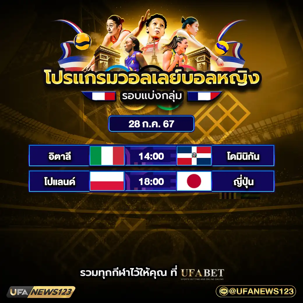 โปรแกรมวอลเลย์บอล วอลเลย์บอลหญิง โอลิมปิก 2024 เริ่มเวลา 14.00 น. 28 กรกฎาคม 2567