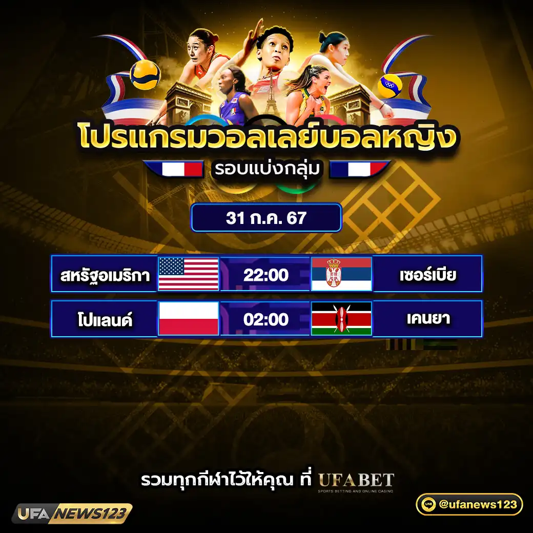 โปรแกรมวอลเลย์บอล วอลเลย์บอลหญิง โอลิมปิก 2024 เริ่มเวลา 22.00 น. 31 กรกฎาคม 2567