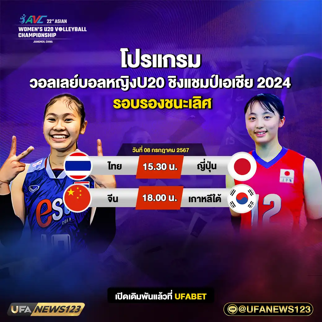 โปรแกรมวอลเลย์บอล วอลเลย์บอลหญิงU20 ชิงแชมป์เอเชีย 2024 เวลา 15.30 น. 08 กรกฎาคม 2567