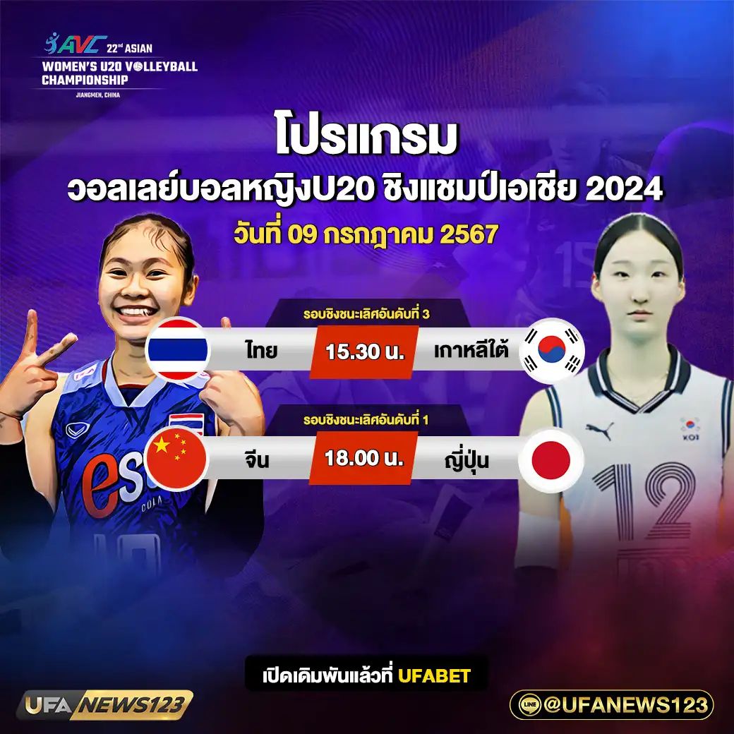 โปรแกรมวอลเลย์บอล วอลเลย์บอลหญิงU20 ชิงแชมป์เอเชีย 2024 เวลา 15.30 น. 09 กรกฎาคม 2567