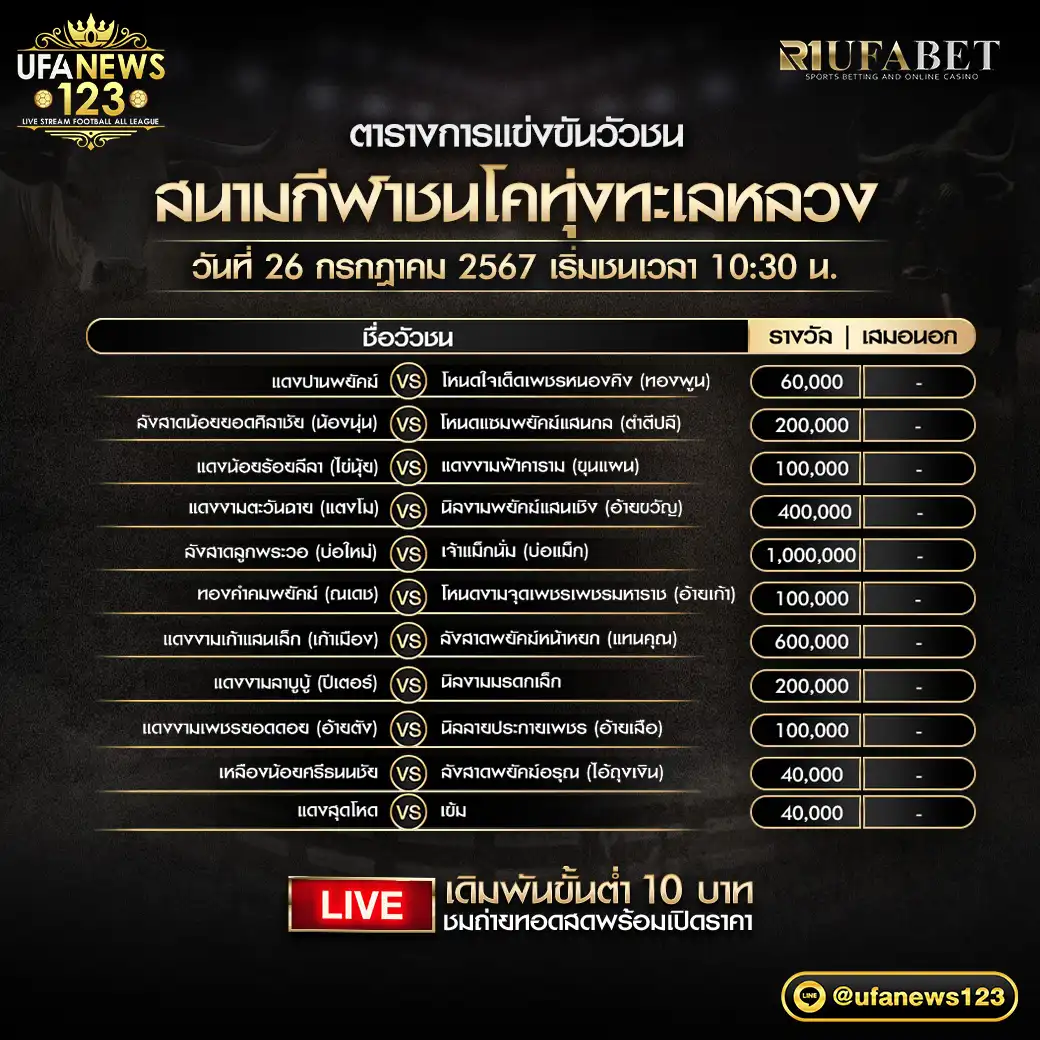 โปรแกรมวัวชน สนามชนโคทุ่งทะเลหลวง เริ่มชนเวลา 10:30 น. 26 กรกฎาคม 2567