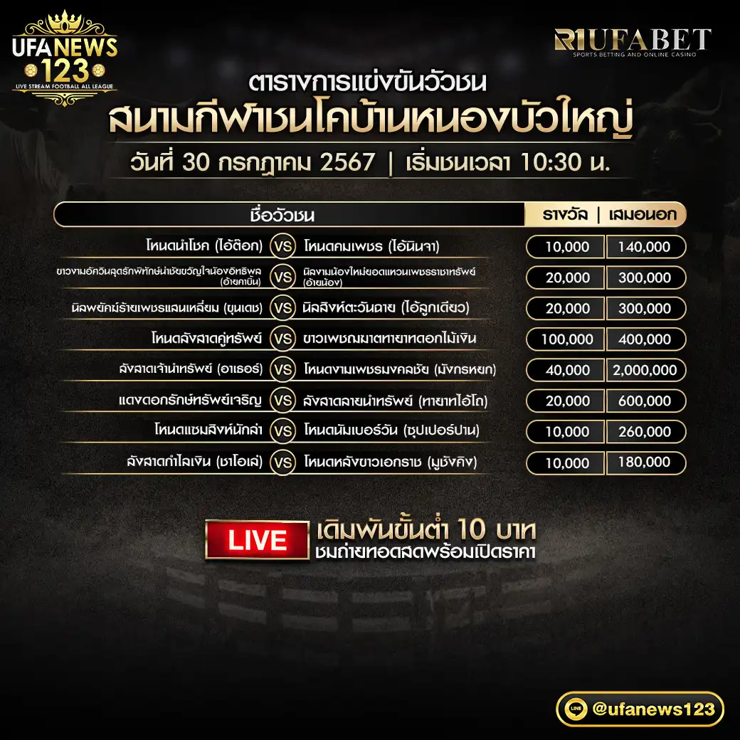 โปรแกรมวัวชน สนามชนโคบ้านหนองบัวใหญ่ เริ่มชนเวลา 10.30 น. 30 กรกฎาคม 2567