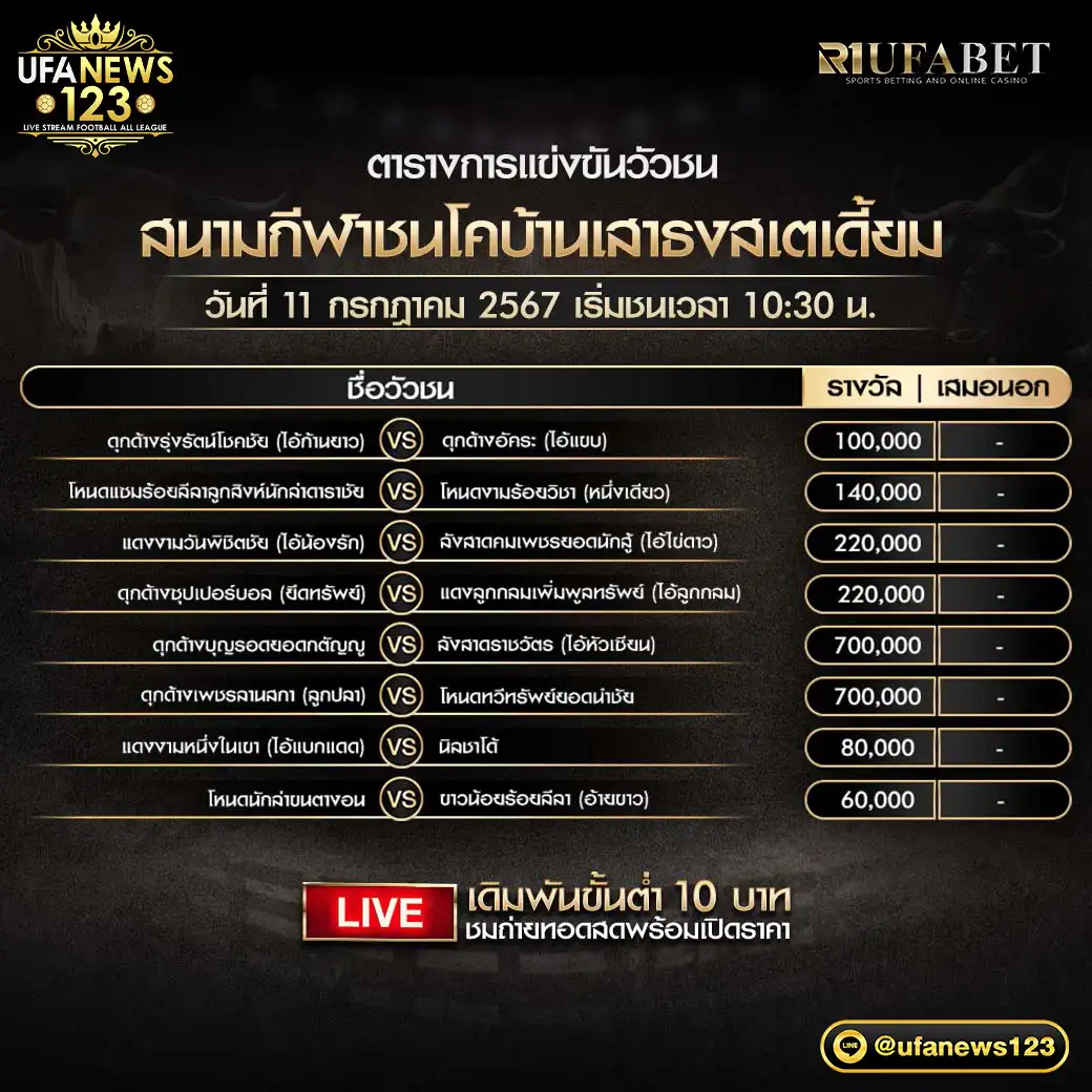 โปรแกรมวัวชน สนามชนโคบ้านเสาธงสเตเดี้ยม เริ่มชนเวลา 10.30 น. 11 กรกฎาคม 2567