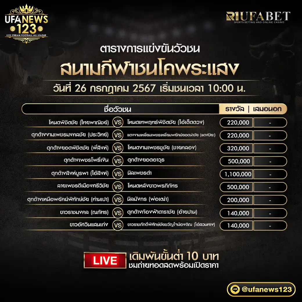 โปรแกรมวัวชน สนามชนโคพระแสง เริ่มชนเวลา 10:00 น. 26 กรกฎาคม 2567