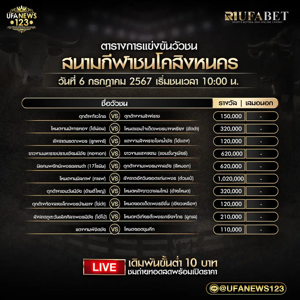 โปรแกรมวัวชน สนามกีฬาชนโคสิงหนคร เริ่มชนเวลา 10:00 น. 06 กรกฎาคม 2567