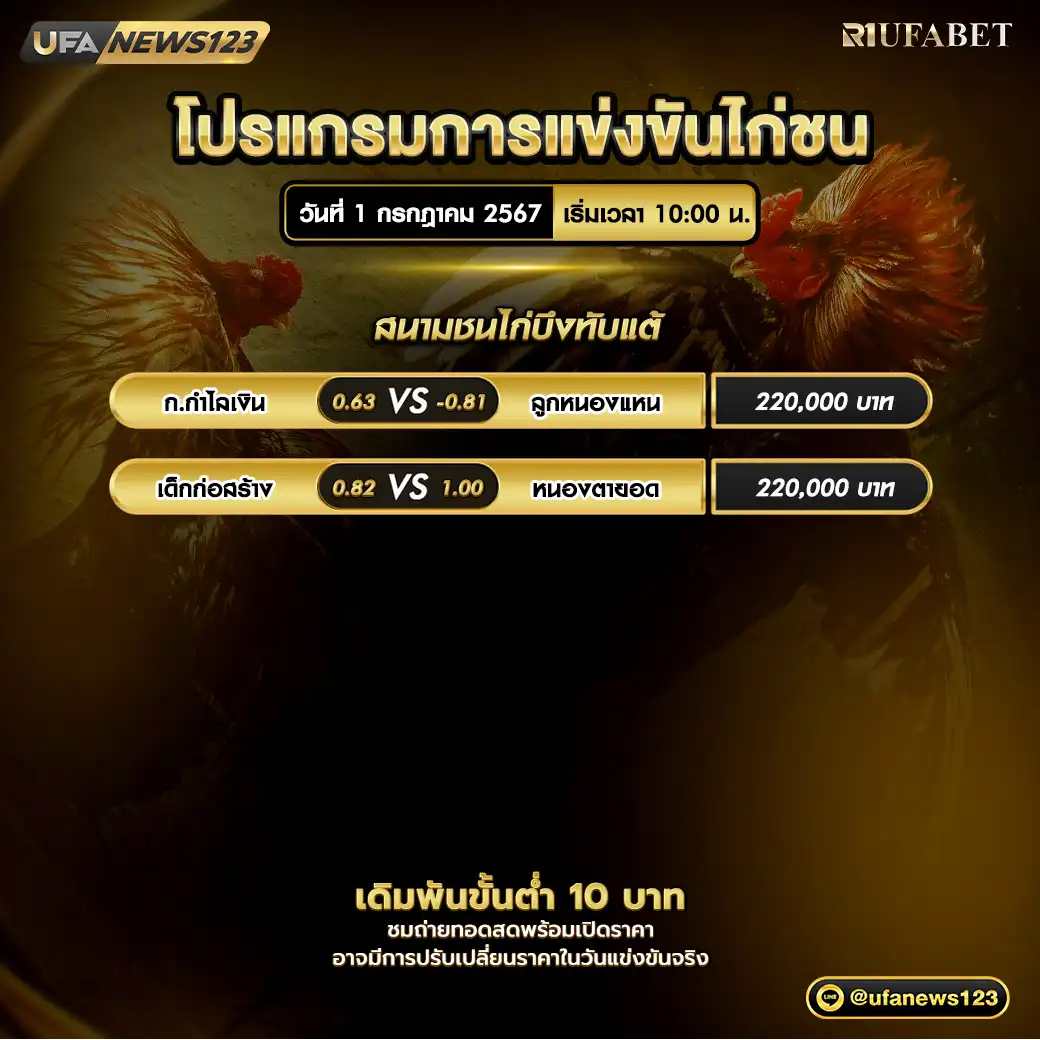 โปรแกรมไก่ชน สนามชนไก่บึงทับแต้ เริ่มเวลา 10.00 น. 01 กรกฎาคม 2567