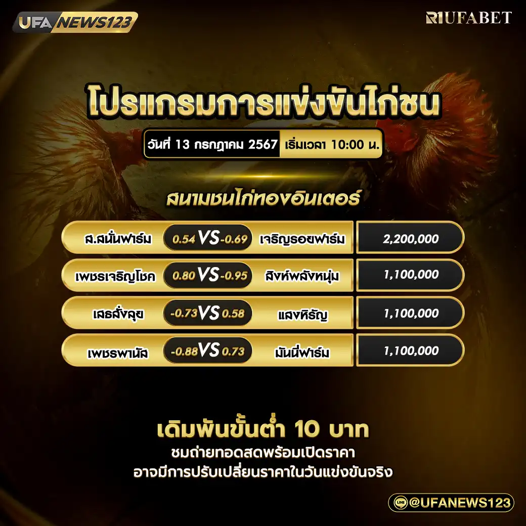 โปรแกรมไก่ชน สนามชนไก่ทองอินเตอร์ เริ่มเวลา 10.00 น. 13 กรกฎาคม 2567