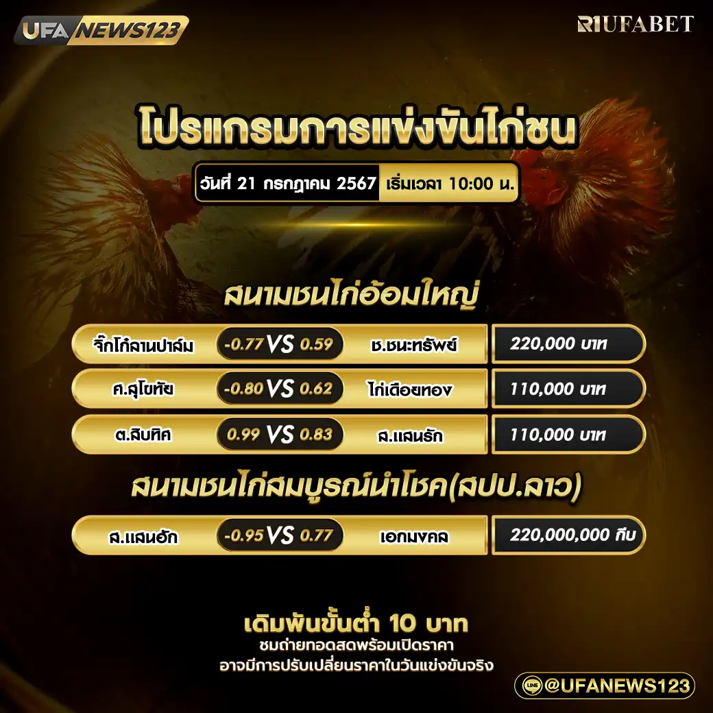 โปรแกรมไก่ชน สนามชนไก่อ้อมใหญ่ สนามชนไก่สมบูรณ์นำโชค เริ่มเวลา 21 กรกฎาคม 2567