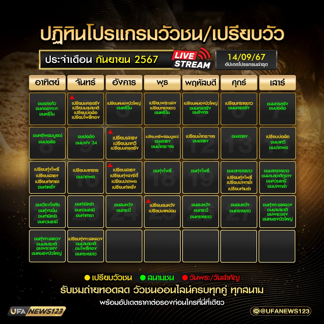 ปฏิทินวัวชน กันยายน 2567 อัปเดต 14 กันยายน 2567