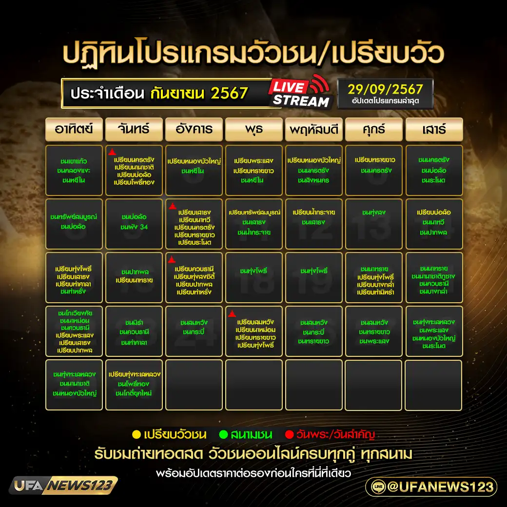 ปฏิทินวัวชน กันยายน 2567 อัปเดต 29 กันยายน 2567