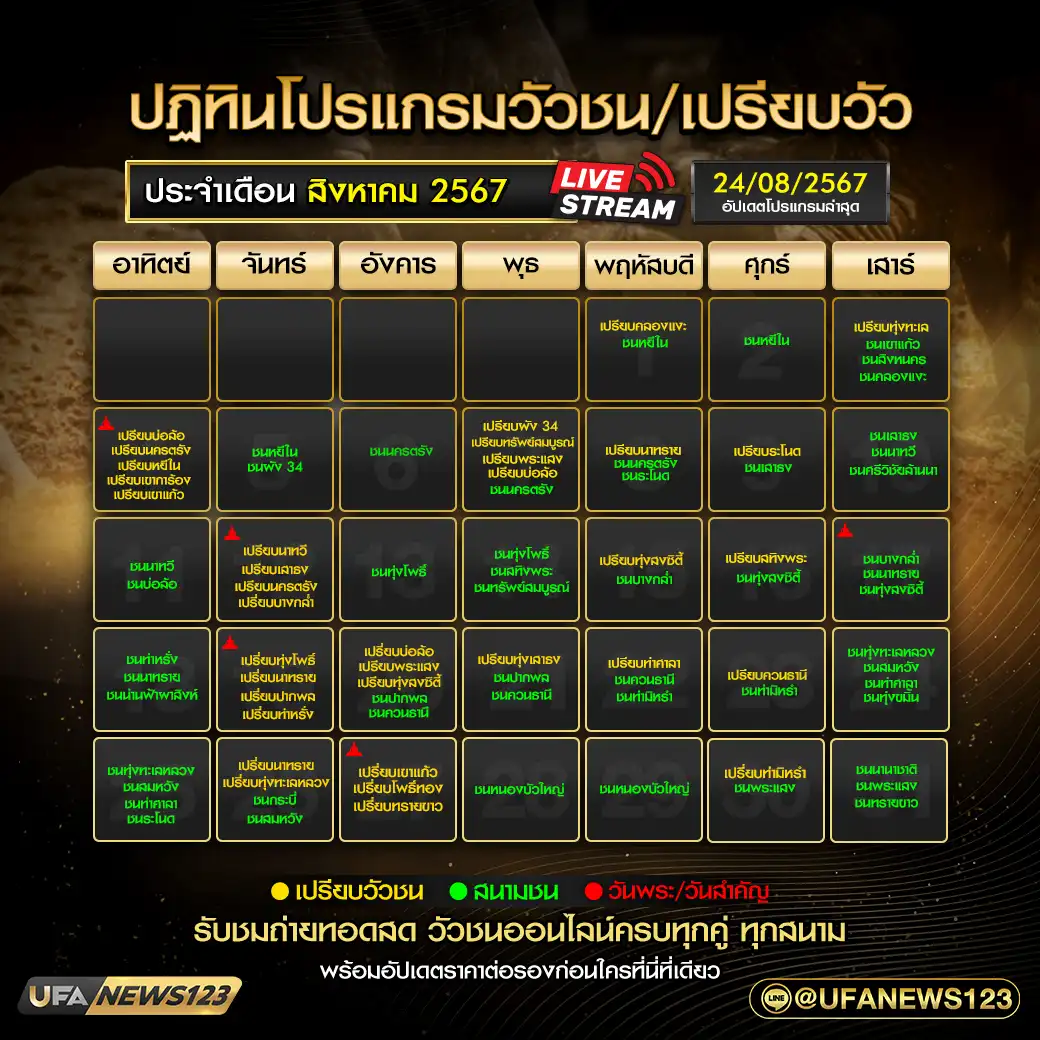 ปฏิทินวัวชน เดือน สิงหาคม อัปเดต 24 สิงหาคม 2567