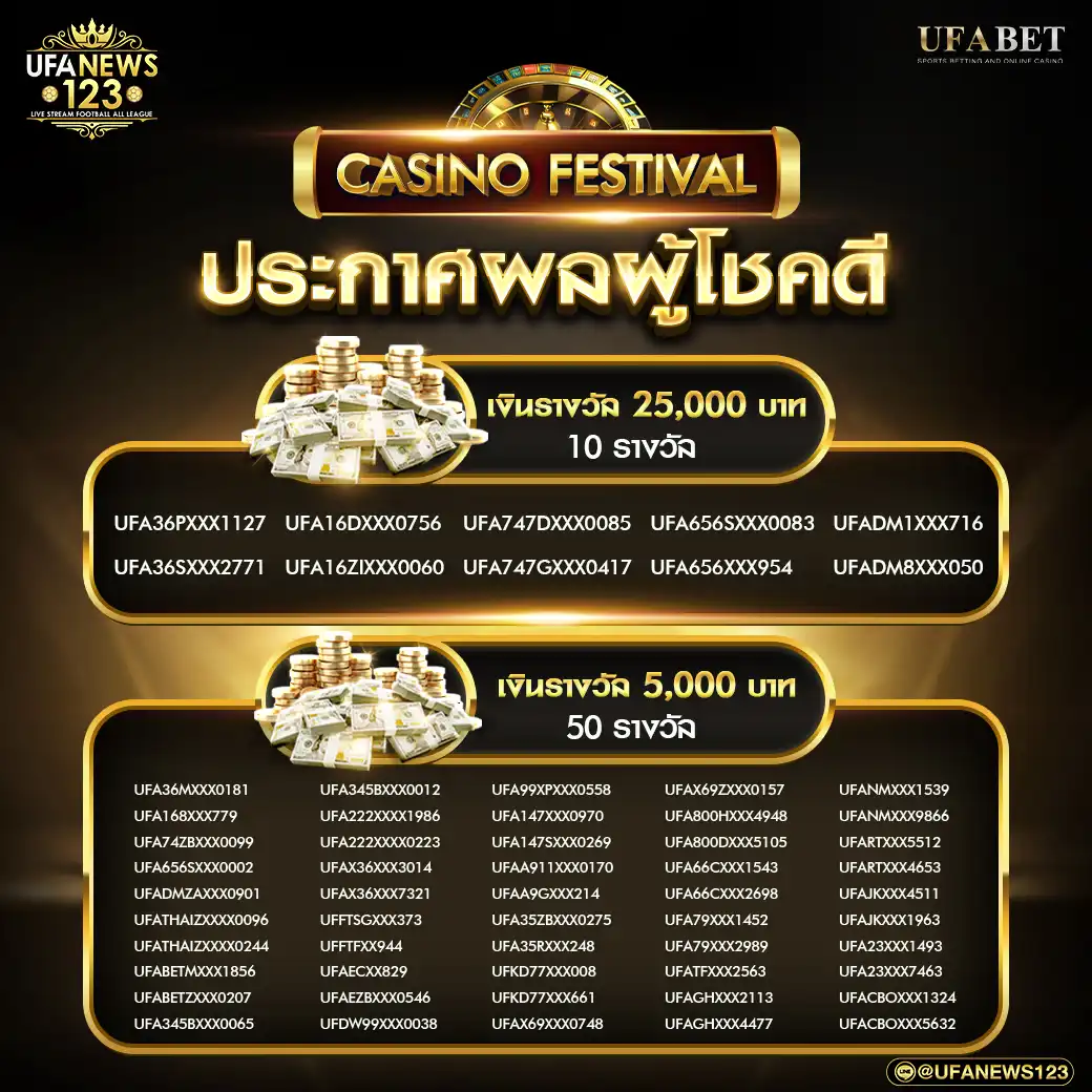 ประการศผลผู้โชคดี Casino Festival เงินรางวัล 60 รางวัล วันที่ 03 สิงหาคม 2567